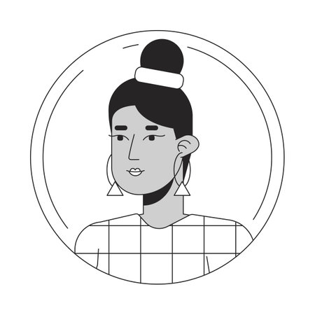 Pretty hispanic woman black white cartoon avatar icon. Bun hairstyle. Editable 2D character user...