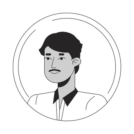 Handsome Indian man with mustache black white cartoon avatar icon. Shirt collar. Editable 2D character user portrait, linear flat illustration. Vector face profile. Outline person head and shouldersのイラスト素材