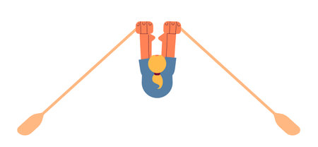 Woman rows flat concept vector spot illustration. Sport. Top view of woman with ears. Kayaking 2D cartoon character on white for web UI design. Isolated editable creative hero imageのイラスト素材