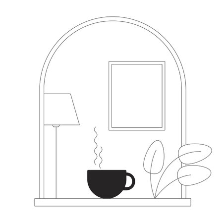 Cozy window bw concept vector spot illustration. Hot drink cup and houseplant 2D cartoon flat line monochromatic object for web UI design. Editable isolated outline hero imageのイラスト素材