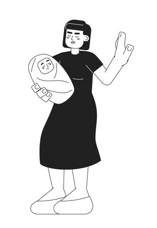 Woman stop gesture monochromatic flat vector character. Asian mother holding baby. Editable thin line full body person on white. Simple bw cartoon spot image for web graphic designのイラスト素材