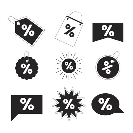 Discount deal black and white 2D line cartoon price tags bundle. Buy percent isolated vector outline stickers sale holiday. Percentage monochromatic flat spot illustration set, retail promotion labelsのイラスト素材