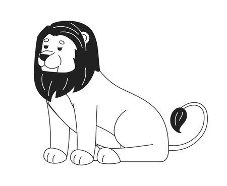 WIld lion sitting monochromatic flat vector character. Spirit animal. Editable thin line full body animal on white. Simple bw cartoon spot image for web graphic designのイラスト素材