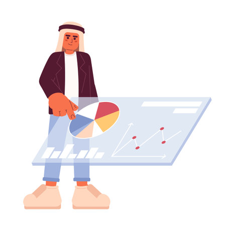 Saudi man touching marketing analytics dashboard 2D cartoon character. Young adult saudi male gathering data isolated vector person white background. Market study color flat spot illustrationのイラスト素材