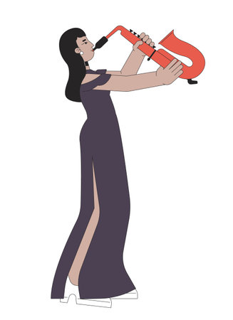 Saxophone girl in recital dress line cartoon flat illustration. Indian woman saxophonist 2D lineart character isolated on white background. Performer plays woodwind instrument scene vector color imageのイラスト素材