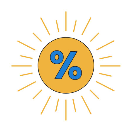 Percentage in sun sign 2D linear cartoon marketing sticker. Sunshine percent discount isolated line vector price badge white background. Color flat spot illustration, advertising commercial eventのイラスト素材