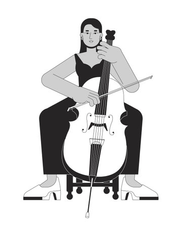 Concert cello girl black and white cartoon flat illustration. Middle eastern adult woman musician cellist 2D lineart character isolated. Play orchestra instrument monochrome scene vector outline imageのイラスト素材