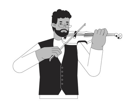 Violinist playing with violin bow black and white 2D line cartoon character. African american bearded man fiddle player isolated vector outline person. Performing monochromatic flat spot illustrationのイラスト素材