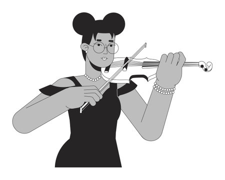 Female violinist playing musical instrument black and white 2D line cartoon character. African american young woman isolated vector outline person. Violin player monochromatic flat spot illustrationのイラスト素材