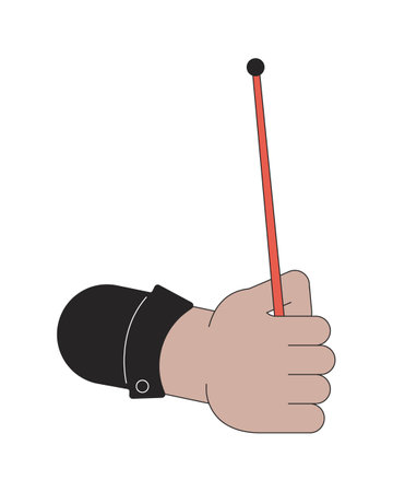 Right hand holding drumstick drum linear cartoon character hand illustration. Equipment for beating drum outline 2D vector image, white background. Drummer rhythm editable flat color clipartのイラスト素材