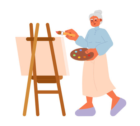 Senior painting class on canvas cartoon flat illustration. Retired artist woman holding paintbrush 2D character isolated on white background. Painter mature lady drawing scene vector color imageのイラスト素材