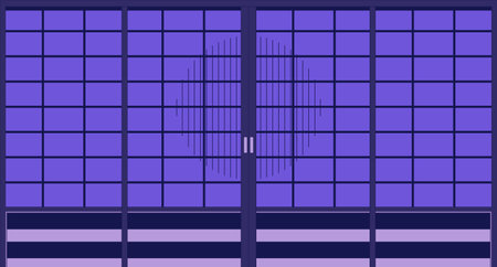 Traditional japanese doors with sun silhouette 2D cartoon background. Sliding shoji doors colorful aesthetic vector illustration, nobody. Shoji screens entrance flat line wallpaper art, lofi imageのイラスト素材