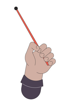 Left hand holding drum stick linear cartoon character hand illustration. Tool for beating drum outline 2D vector image, white background. Rhythm beat, percussion editable flat color clipartのイラスト素材
