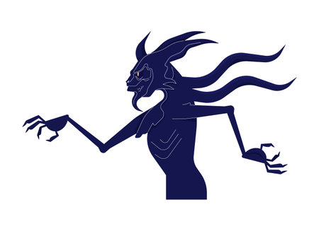 Walking scary monster with horns and tentacles 2D linear cartoon character. Demon creature with gills isolated line vector personage white background. Mythological monster color flat spot illustrationのイラスト素材