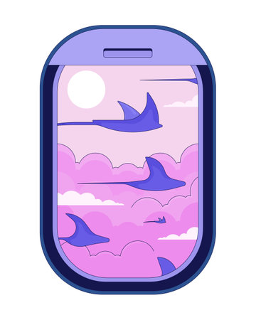 Aircraft window with flying ray fish in sky 2D linear cartoon object. Aeroplane window isolated line vector element white background. Fenster flugzeug above clouds color flat spot illustrationのイラスト素材