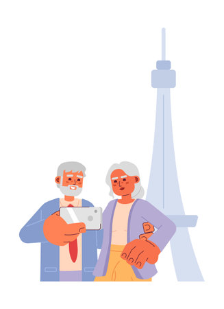 Old couple attraction tourists retirement enjoying 2D cartoon characters. Retirees taking selfie in front of Eiffel tower isolated vector people white background. Travel color flat spot illustrationのイラスト素材