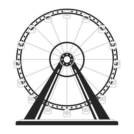 Fairground ferris wheel black and white 2D line cartoon object. Park amusement ride isolated vector outline item. Childhood pleasure. Recreation observation wheel monochromatic flat spot illustrationのイラスト素材
