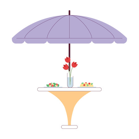 Umbrella patio dining table dinner served 2D cartoon object. Outdoor restaurant furniture isolated vector item white background. Parasol table with romantic dinner color flat spot illustrationのイラスト素材