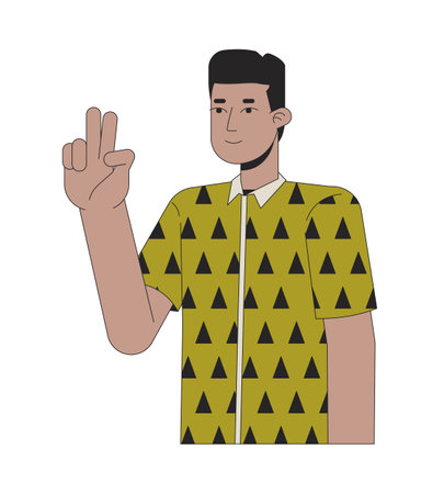African american young man peace fingers 2D linear cartoon character. Two fingers gesture isolated line vector person white background. Black guy taking selfie. Mood fun color flat spot illustrationのイラスト素材