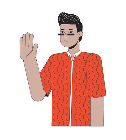 Sunglasses indian man waving hand 2D linear cartoon character. Stylish south asian guy saying hello isolated line vector person white background. Greeting gesture color flat spot illustrationのイラスト素材