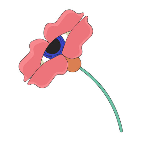 Eyeball flower with stem 2D linear cartoon object. Mystical plant. Blossom spiritual imagination isolated line vector element white background. Fantasy hallucination color flat spot illustrationのイラスト素材
