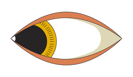 Groovy eye looking sideways 2D linear cartoon object. Creepy bizarre human eye. Watching curious isolated line vector element white background. Observing gaze spooky color flat spot illustrationのイラスト素材