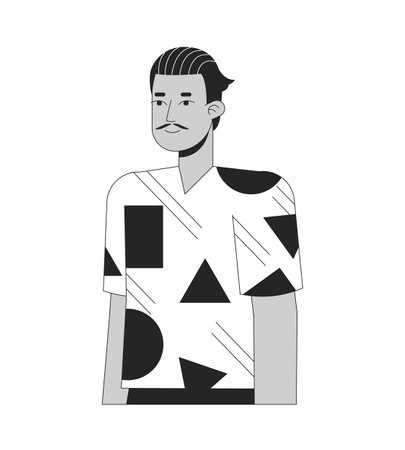 Hispanic adult man with pencil moustache black and white 2D line cartoon character. Posing latino...