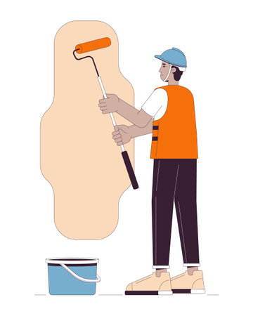 Hardhat contractor painting wall line cartoon flat illustration. Latino painter holding paint roller 2D lineart character isolated on white background. Building renovation scene vector color imageのイラスト素材