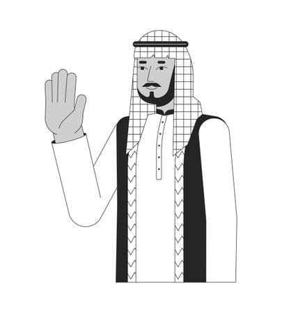 Saudi Arabian man waving happy black and white 2D line cartoon character. Middle eastern wearing checkered headgear isolated vector outline person. Saying hello monochromatic flat spot illustrationのイラスト素材