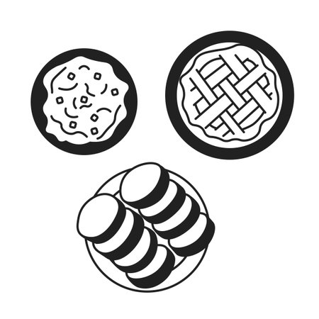 Thanksgiving feast top view black and white 2D cartoon object. Mashed potato, pumpkin pie, dinner rolls isolated vector outline item. Meal arrangement overhead monochromatic flat spot illustrationのイラスト素材