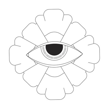 Flowering plant with eyeball black and white 2D line cartoon object. Enigmatic flower. Blossom spiritual imagination isolated vector outline item. Fantasy monochromatic flat spot illustrationのイラスト素材