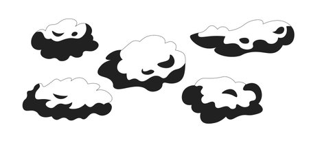 Cotton candy like fluffy clouds black and white 2D cartoon object. Puffy cloudscape isolated vector outline item. Magic atmosphere. Dream dreamy weather forecast monochromatic flat spot illustrationのイラスト素材