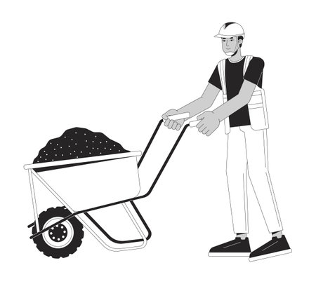 Construction worker transporting concrete on wheelbarrow cartoon flat illustration. Hardhat contractor pushing cart 2D lineart character isolated. Building monochrome scene vector outline imageのイラスト素材