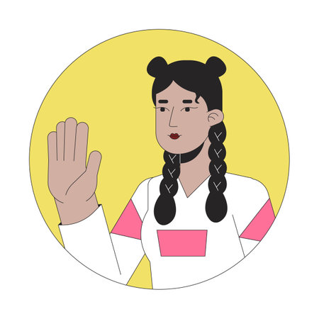 Stylish hispanic girl hello wave 2D line vector avatar illustration. Positive greeting teenager latina outline cartoon character face. Stop hand. Saying hi flat color user profile image isolatedのイラスト素材