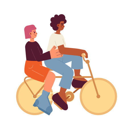 Girls riding on bicycle semi flat color vector characters. Entertainment. Friends activity. Editable full body people on white. Simple cartoon spot illustration for web graphic designのイラスト素材