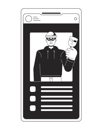 Theft identity bw concept vector spot illustration. Thief stealing data. Smartphone screen 2D cartoon flat line monochromatic object for web UI design. Cybercrime editable isolated outline hero imageのイラスト素材