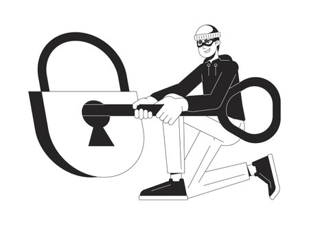 Unlock padlock by key bw concept vector spot illustration. Hacker in mask trying to open lock 2D cartoon flat line monochromatic character for web UI design. Editable isolated outline hero imageのイラスト素材