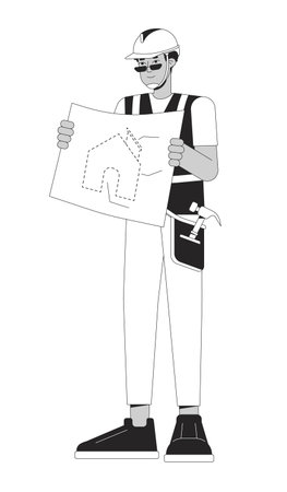 Home builder holding blueprint black and white 2D line cartoon character. African american male construction worker isolated vector outline person. Present scheme monochromatic flat spot illustrationのイラスト素材