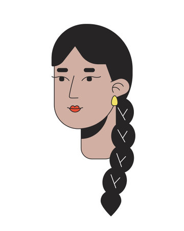 South asian woman with long braid 2D linear cartoon character head. Young adult female with braided hair isolated line vector person face white background. Traditional color flat spot illustrationのイラスト素材