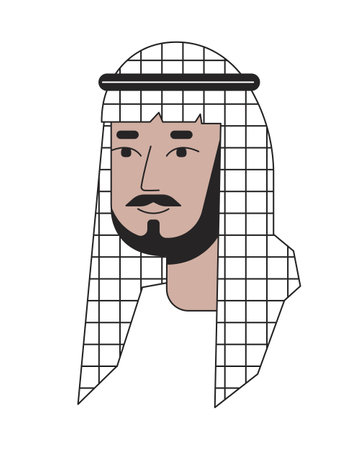 Bearded saudi man wearing keffiyeh 2D linear cartoon character head. Middle eastern male shemagh isolated line vector person face white background. Traditional arab man color flat spot illustrationのイラスト素材
