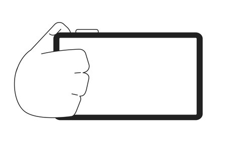 Holding smartphone monochrome flat vector hand. Mobile phone screen. Editable black and white thin line icon. Simple cartoon clip art spot illustration for web graphic designのイラスト素材