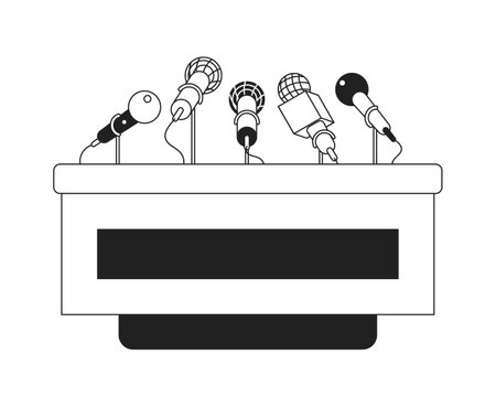 Press conference podium microphones black and white 2D cartoon object. Public speaking. Media briefing isolated vector outline item. Public relations monochromatic flat spot illustrationのイラスト素材