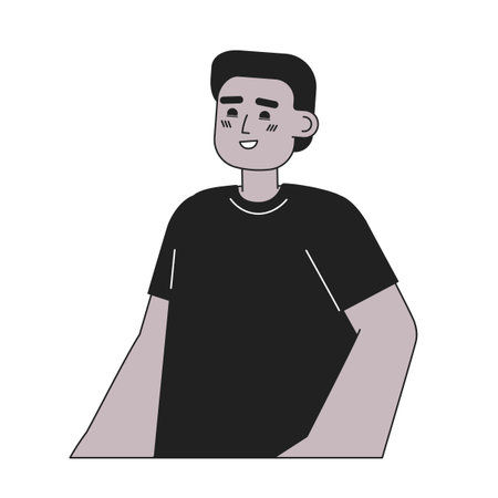 Cheerful african american brunette boy monochromatic flat vector character. Positive emotion. Smiling. Editable thin line half body person on white. Simple bw cartoon spot image for web graphic designのイラスト素材