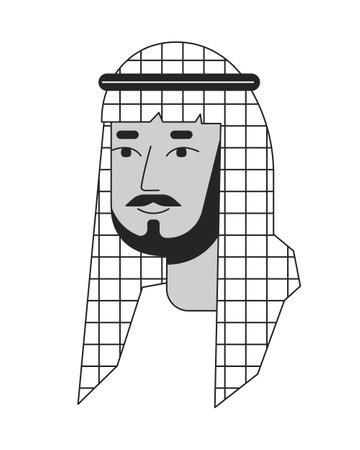 Bearded saudi man wearing keffiyeh black and white 2D line cartoon character head. Middle eastern male shemagh isolated vector outline person face. Arab man monochromatic flat spot illustrationのイラスト素材