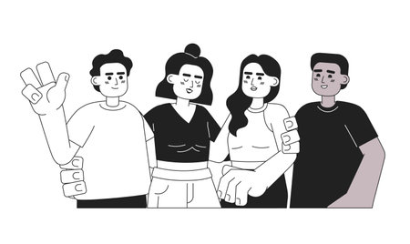 Friendships monochromatic flat vector characters. Friends group. Multinational positive mates. Editable thin line full body people on white. Simple bw cartoon spot image for web graphic designのイラスト素材