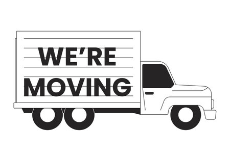 Moving truck black and white cartoon flat illustration. Were moving. Shipping professional cargo van 2D lineart object isolated. Relocation, delivery transport item monochrome vector outline imageのイラスト素材
