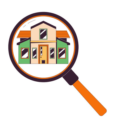 Loupe searching house 2D linear cartoon object. Agency real estate magnifying glass isolated line vector element white background. Rent property. Magnifier home rental color flat spot illustrationのイラスト素材