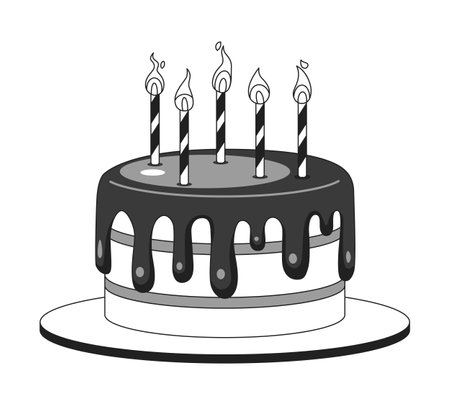 Birthday cake lit candles black and white 2D cartoon object. Happy birthday dessert isolated vector outline item. Childhood celebration. Brownie chocolate cake monochromatic flat spot illustrationのイラスト素材