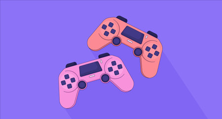 Controller joystick lofi wallpaper. Retro game consoles 2D objects cartoon flat illustration. Playing videogame together. Two players gamepads chill vector art, lo fi aesthetic colorful backgroundのイラスト素材