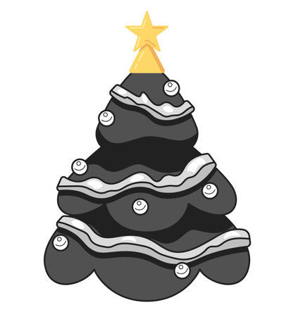 Star Christmas tree decorated tinsel black and white 2D cartoon object. Classic baubles, garlands xmas pine tree isolated vector outline item. Christmas spirit monochromatic flat spot illustrationのイラスト素材